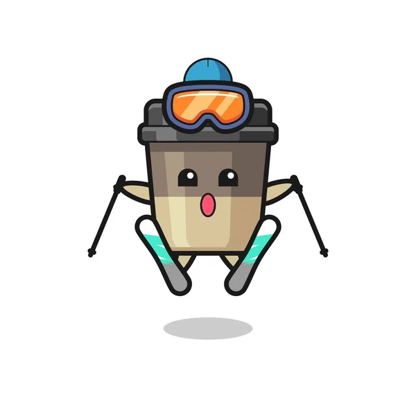 Café Tasse Mascotte Personnage Tant Que Joueur Ski Design Style — Image vectorielle