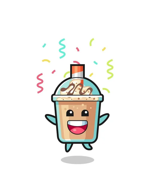 Mascotte Milkshake Heureuse Sautant Pour Féliciter Avec Des Confettis Couleur — Image vectorielle