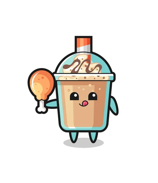 Milkshake Linda Mascota Está Comiendo Pollo Frito Diseño Estilo Lindo — Vector de stock