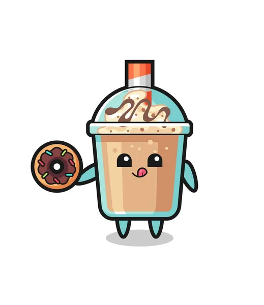 Illust Caráter Milkshake Que Come Donut Projeto Bonito Estilo Para — Vetor de Stock