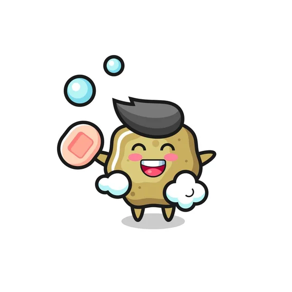 Gevşek Tabure Karakteri Sabun Tutarken Banyo Yapıyor Tişört Çıkartma Logo — Stok Vektör
