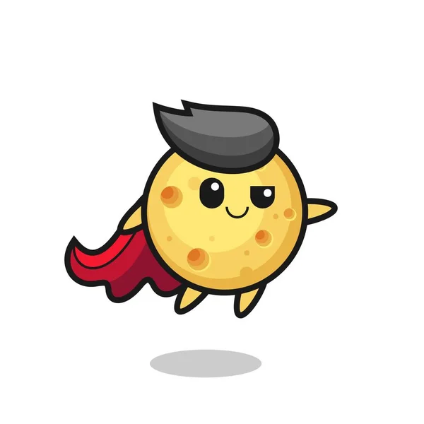 可愛い丸いチーズスーパーヒーローキャラクターが飛んでるTシャツやステッカーロゴ要素のかわいいデザイン — ストックベクタ