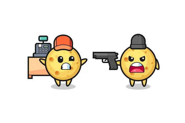 Ilustrasi Lucu Bulat Keju Sebagai Kasir Menunjuk Pistol Oleh Perampok - Stok Vektor