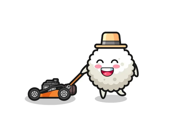 Illustration Rice Ball Character Using Lawn Mower Cute Style Design — Stock Vector