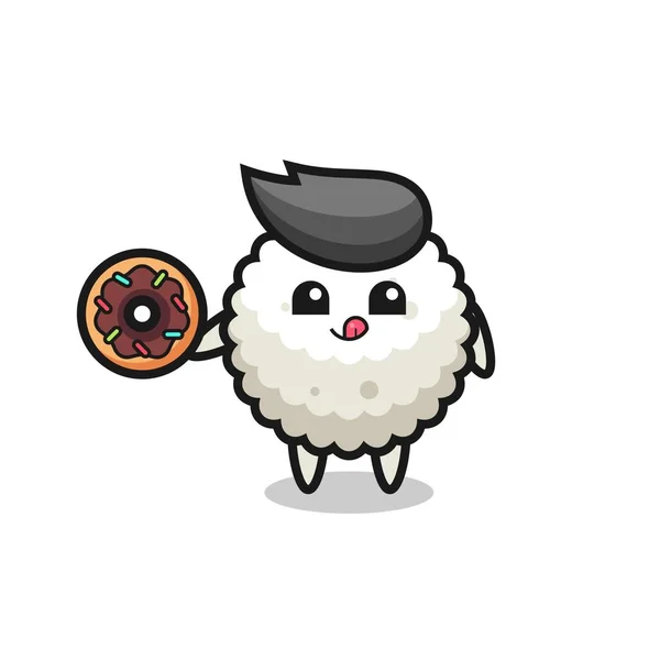 Illustration Rice Ball Character Eating Doughnut Cute Style Design Shirt — Stock Vector