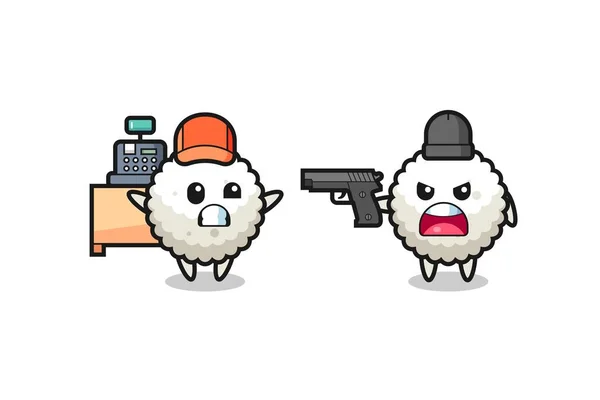 Illust Cute Rice Ball Cashier Pointed Gun Robber Cute Style — Archivo Imágenes Vectoriales