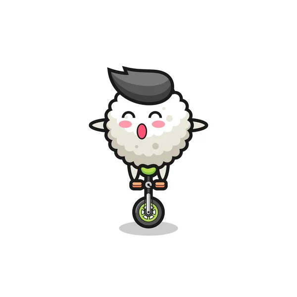 Personaje Bola Arroz Lindo Está Montando Una Bicicleta Circo Diseño — Vector de stock