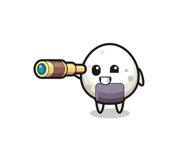 Lindo Personaje Onigiri Está Sosteniendo Viejo Telescopio Lindo Diseño Estilo — Vector de stock