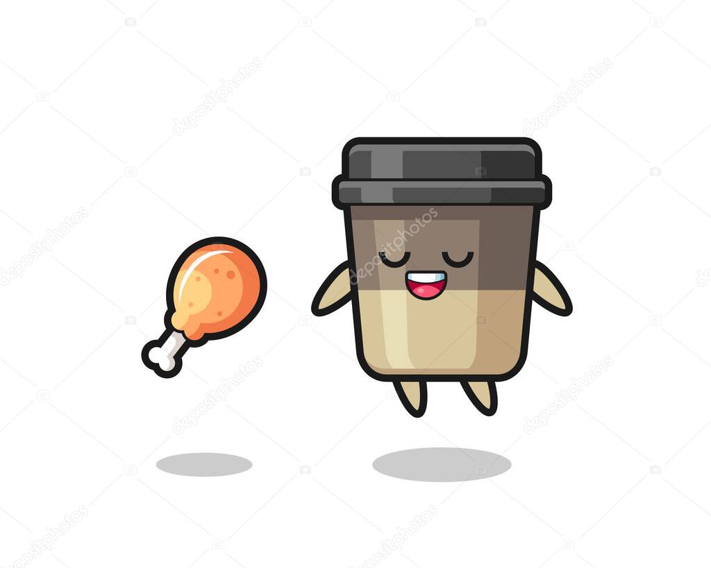 cute coffee cup floating and tempted because of fried chicken , cute style design for t shirt, sticker, logo element
