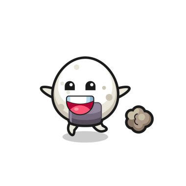 Koşu pozlu mutlu onigiri çizgi filmi, tişört, çıkartma, logo elementi için şirin bir tasarım.