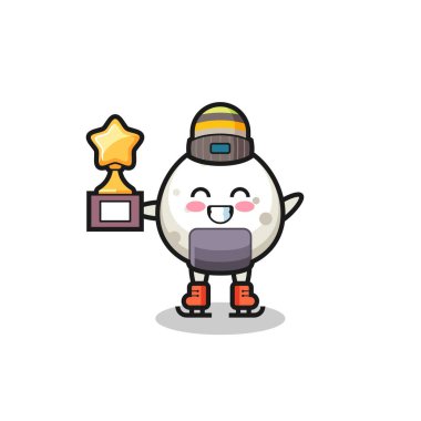 Onigiri çizgi filmi bir buz patencisi şampiyon kupası, tişört, etiket, logo elementi için şirin bir tasarım.