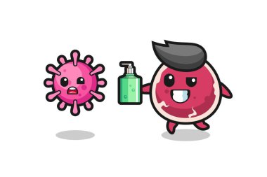 Biftek karakteri el dezenfektanı ile kötü virüsü kovalıyor tişört, çıkartma, logo elementi için şirin bir tasarım.