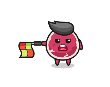 Çizgi yargıcı olarak sığır eti karakteri bayrağı yatay tutun, tişört, etiket, logo ögesi için şirin bir tasarım yapın