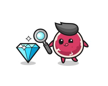 Biftek maskotu elmasın orijinalliğini kontrol ediyor. Tişört, çıkartma, logo elementi için şirin bir tasarım.