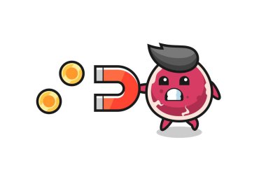 Sığır eti karakteri altın sikkeleri yakalamak için bir mıknatıs tutar, tişört, etiket, logo elementi için şirin bir tasarım.