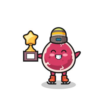 Bir buz patencisi olarak sığır eti karikatürü. Kazanan kupa, tişört, etiket ve logo için şirin bir tasarım.