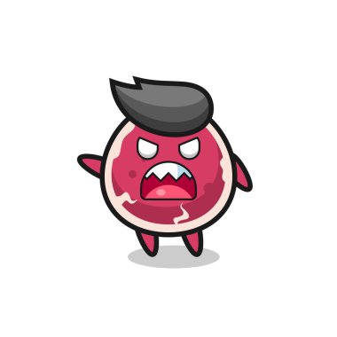 Çok kızgın bir pozda şirin bir biftek karikatürü, tişört, etiket, logo elementi için şirin bir tasarım.