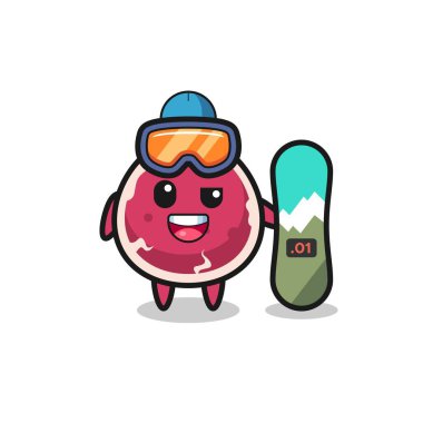 Snowboard stili sığır eti karakteri tasviri, tişört, etiket, logo elementi için şirin tasarım.