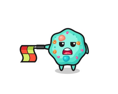 Çizgi hakemi olarak amoeba karakteri bayrağı yatay tutun, tişört, etiket, logo ögesi için şirin bir tasarım yapın