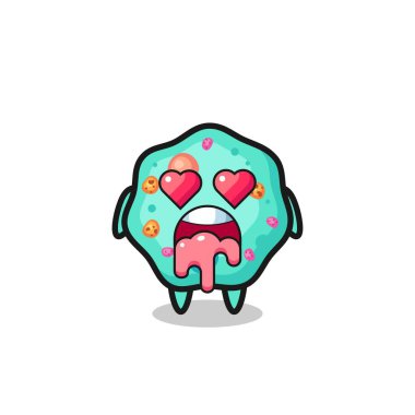 Aşık olma ifadesi kalp şeklinde gözleri olan sevimli bir amip, tişört, çıkartma, logo elementi için şirin bir tasarım.