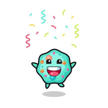 Renkli konfetiyle tebrik etmek için atlayan mutlu amip maskotu tişört, çıkartma, logo elementi için şirin bir tasarım.