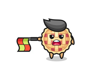 Çizgi yargıcı olarak elmalı turta karakteri bayrağı yatay olarak tutun, tişört, etiket, logo elementi için şirin bir tasarım yapın