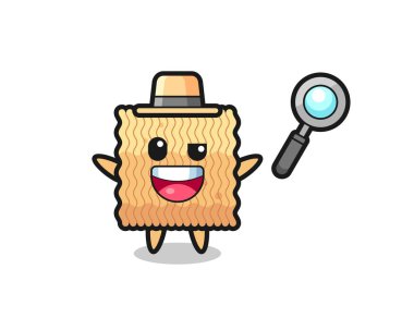 Bir davayı çözmeyi başaran bir dedektif olarak çiğ makarnanın resmi. Gömlek, çıkartma ve logo elementleri için şirin bir tasarım.