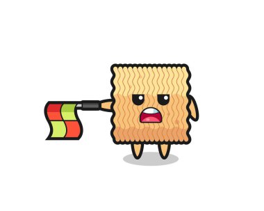 Hat hakemi olarak çiğ erişte karakteri bayrağı yatay olarak düz tut, tişört, etiket, logo elementi için şirin bir tasarım yap