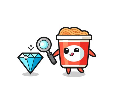 Hazır şehriye maskotu elmasın orijinalliğini kontrol ediyor. Tişört, çıkartma, logo elementi için şirin bir tasarım.