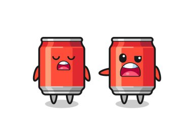 İki tatlı içecek kutusu karakteri, tişört, çıkartma ve logo elementi için şirin bir tasarım arasındaki tartışmanın gösterimi