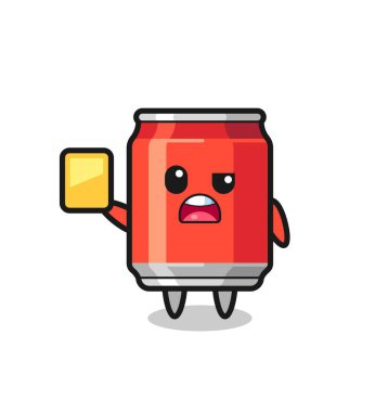 Çizgi film içeceği futbol hakemi karakteri sarı kart veriyor, tişört, çıkartma, logo elementi için şirin bir tasarım.