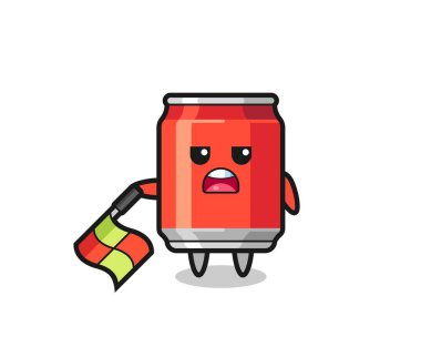 İçki kutusu karakteri, çizgi hakemi olarak bayrağı 45 derecelik açıyla aşağıda tutun, tişört, çıkartma, logo elementi için şirin bir tasarım yapın.