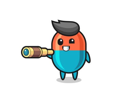 Şirin kapsül karakteri eski bir teleskop tutuyor. Tişört, çıkartma, logo elementi için şirin bir tasarım.