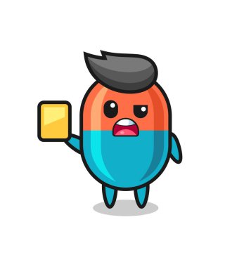 Futbol hakemi olarak çizgi film kapsülü karakteri sarı kart veriyor, tişört, çıkartma, logo elementi için şirin bir tasarım.