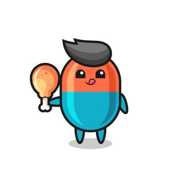 Şirin kapsül maskotu kızarmış tavuk yiyor. Tişört, çıkartma, logo elementi için şirin bir tasarım.