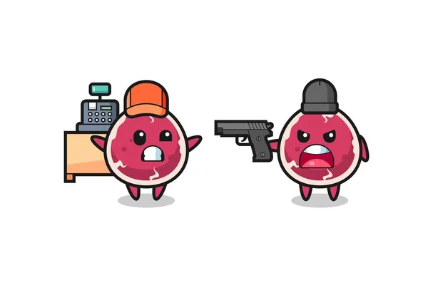 Illust Cute Beef Cashier Pointed Gun Robber Design Estilo Bonito —  Vetores de Stock