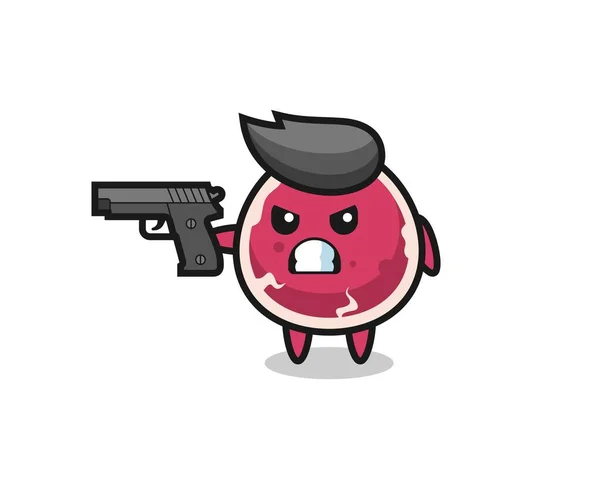 带枪的可爱牛肉角色射击 T恤的可爱风格设计 标志元素 — 图库矢量图片
