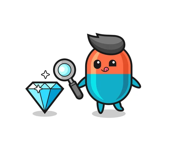 Mascota Cápsula Está Comprobando Autenticidad Diamante Lindo Diseño Estilo Para — Vector de stock