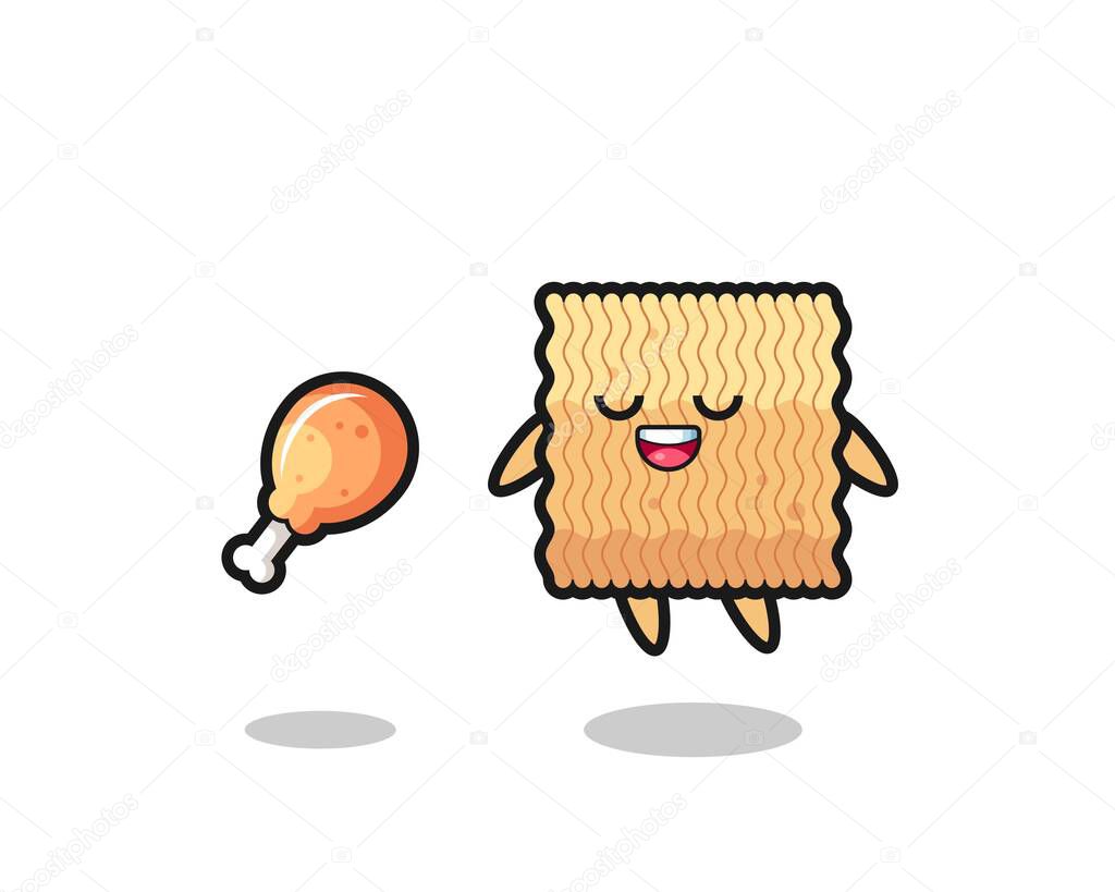 cute raw instant noodle floating and tempted because of fried chicken , cute style design for t shirt, sticker, logo element
