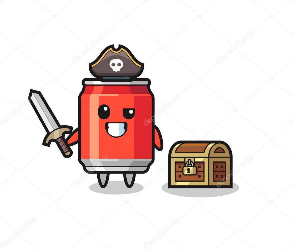 the drink can pirate character holding sword beside a treasure box , cute style design for t shirt, sticker, logo element