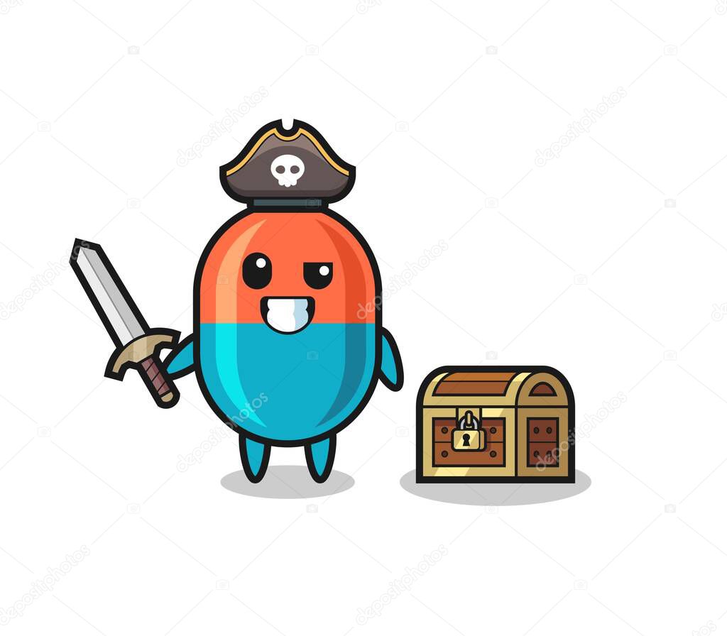 the capsule pirate character holding sword beside a treasure box , cute style design for t shirt, sticker, logo element