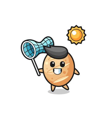 Fransız ekmek maskotu illüstrasyonu kelebek yakalıyor, şirin tasarım.