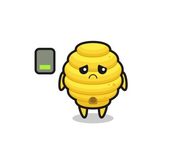 Arı kovanı maskotu karakteri yorgun bir jest yapıyor, şirin bir tasarım.