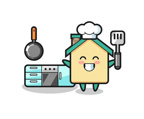 Illustrazione Del Personaggio Della Casa Come Chef Sta Cucinando Design — Vettoriale Stock
