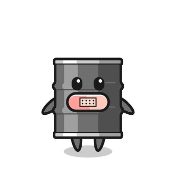 Ağzı bantlı yağ varilinin çizgi film çizimi, şirin bir tasarım.