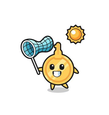 Anahtar maskot çizimi kelebek yakalamak, şirin tasarım