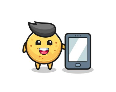 Patates cipsi çizimi. Elinde akıllı bir telefon, şirin bir tasarım.