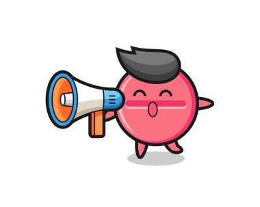 ilaç tableti karakteri çizimi bir megafon tutuyor, şirin bir tasarım