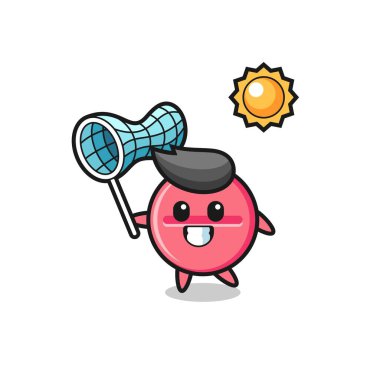 İlaç tableti maskotu illüstrasyonu kelebeği yakalıyor, şirin tasarım.