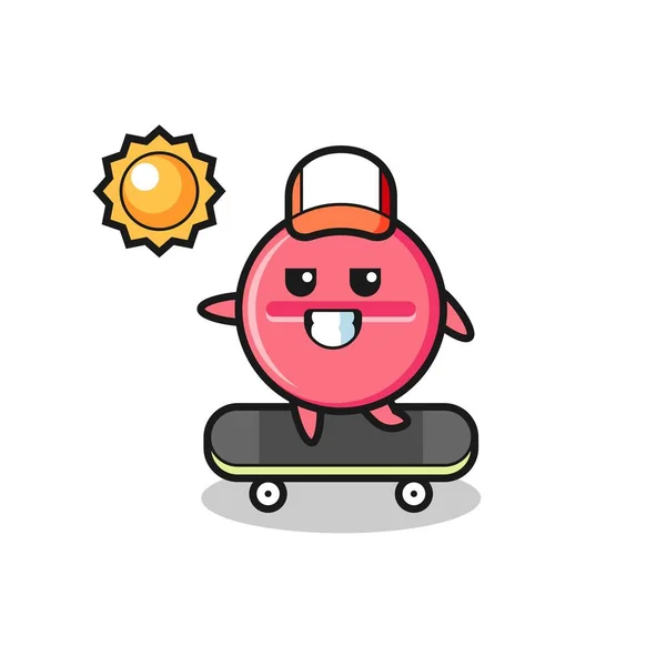 Ιατρική Δισκίο Εικόνα Χαρακτήρα Βόλτα Ένα Skateboard Χαριτωμένο Σχεδιασμό — Διανυσματικό Αρχείο